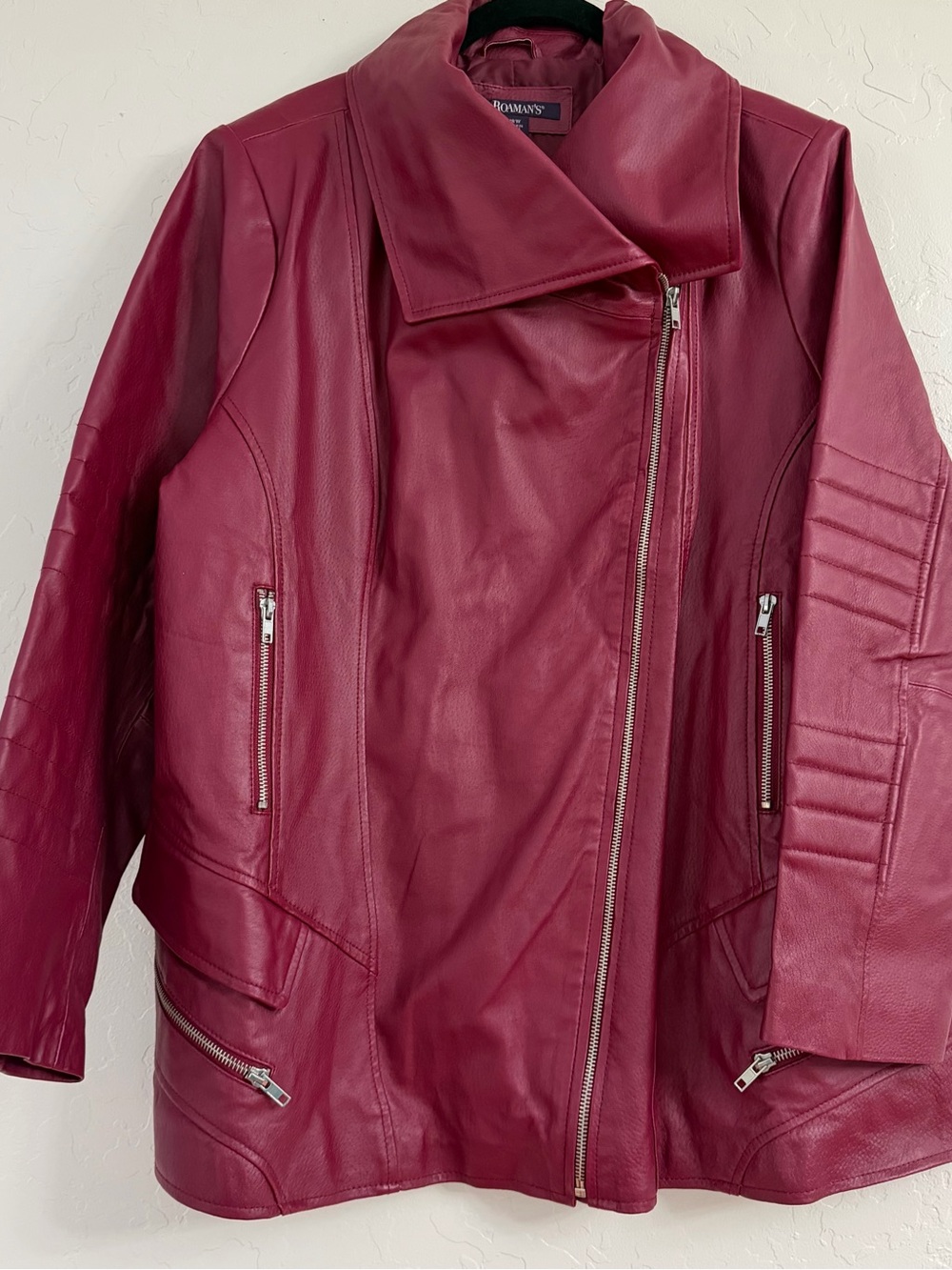 Roaman's Deep Burgundy Asymmetrical Leather Jacket